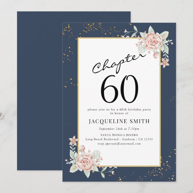 Invitación Elegante cumpleaños Floral 60 (Anverso / Reverso)