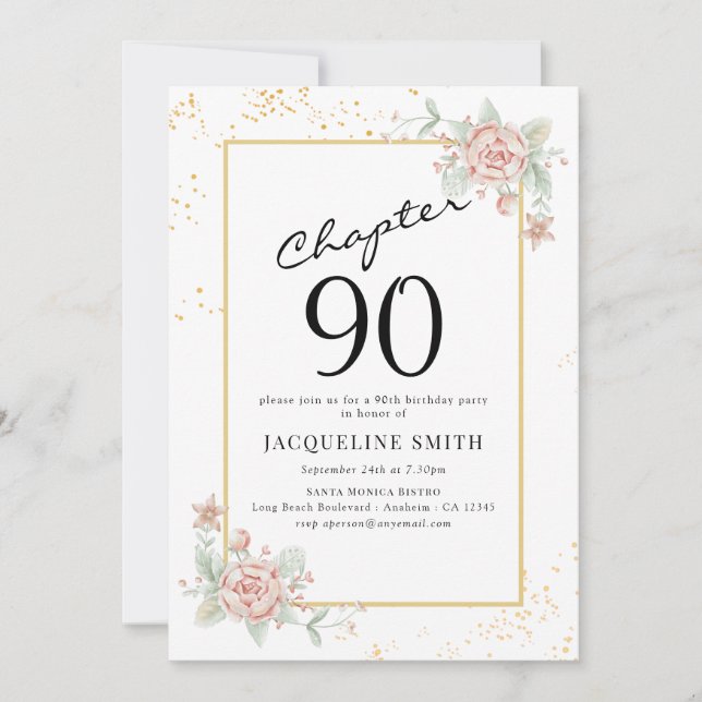 Invitación Elegante cumpleaños Floral 90 (Anverso)