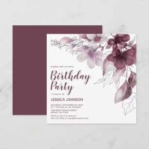 Invitación Elegante Cumpleaños Floral Acuarela Burdeos