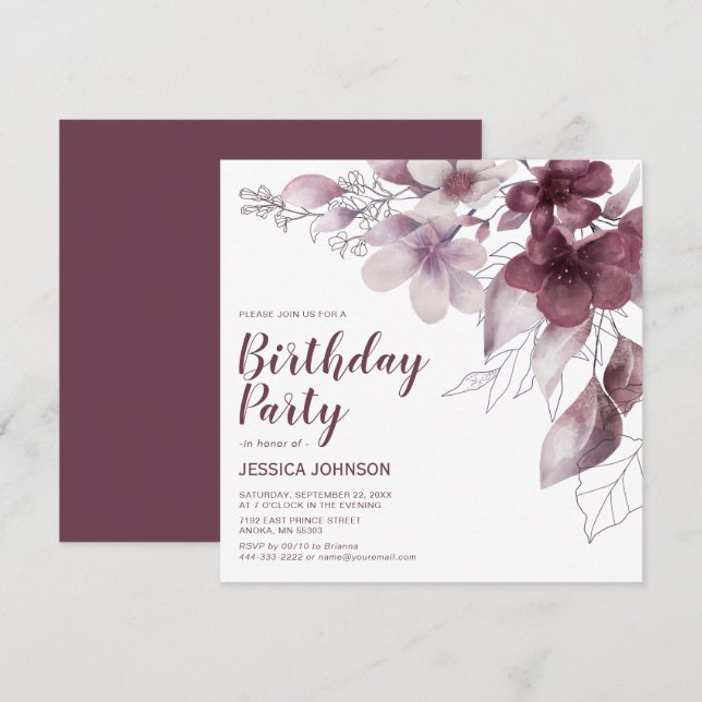 Invitación Elegante Cumpleaños Floral Acuarela Burdeos (Anverso / Reverso)