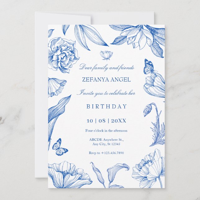 Invitación Elegante cumpleaños floral azul (Anverso)