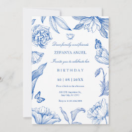 Invitación Elegante cumpleaños floral azul