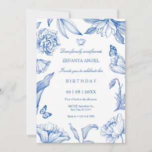 Invitación Elegante cumpleaños floral azul