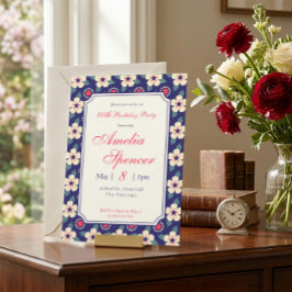Invitación Elegante Cumpleaños Floral Azul Marino Vintage