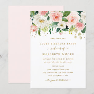 Invitación Elegante Cumpleaños Floral Beige Dorado 100