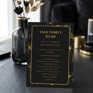 Invitación Elegante Cumpleaños Floral de Arte Fino Oro/Negro