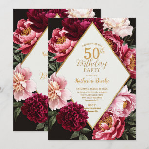 Invitación Elegante Cumpleaños Floral de Burgundy y Rubor Peo