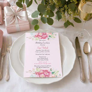 Invitación Elegante Cumpleaños Floral de Hortensia Rosa 