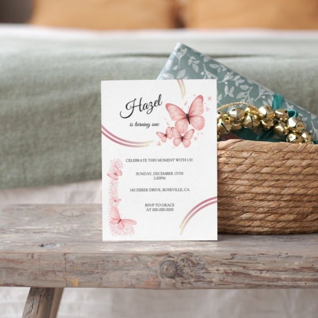 Invitación Elegante cumpleaños floral de mariposa rosa Rubor (Butterfly Girl 1st Birthday Invitation)