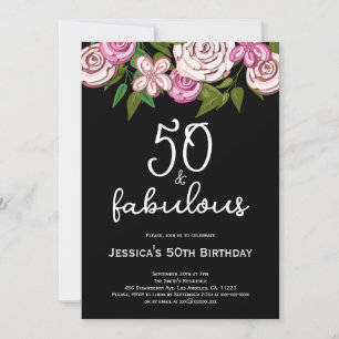 Invitación Elegante Cumpleaños Floral Negro 50 y Fabuloso