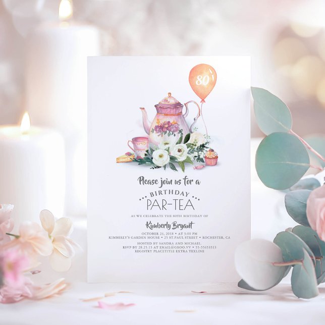 Invitación Elegante cumpleaños floral Par-tea (Elegant birthday invitations "Par-Tea" for tea tasting simple casual and relaxed celebrations)