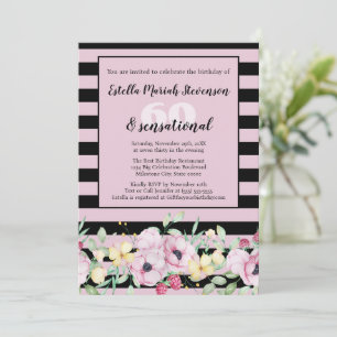 Invitación Elegante cumpleaños floral rayado rosado Rubor neg
