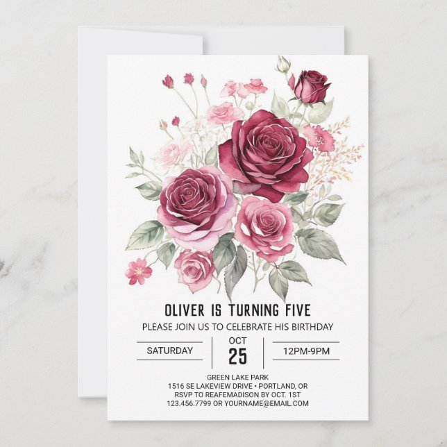 Invitación Elegante cumpleaños floral simple de Borgoña (Anverso)