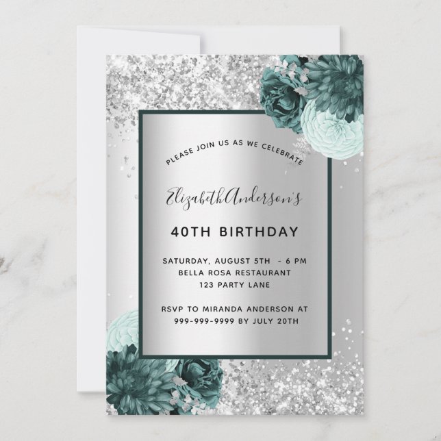 Invitación Elegante cumpleaños floral verde plateado (Anverso)