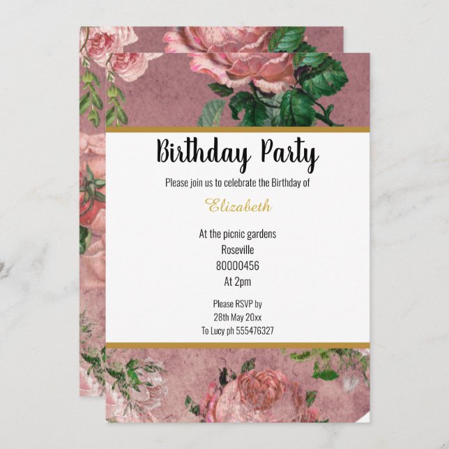 INVITACIÓN ELEGANTE CUMPLEAÑOS FLORALES DE ROSE ROSE GARDEN P (Anverso / Reverso)