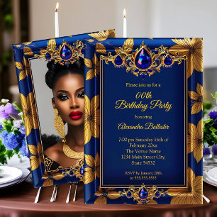 Invitación Elegante Cumpleaños Foto Azul Dorado Joyas Damasco