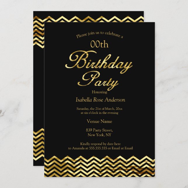 Invitación Elegante cumpleaños Gold Shimmer Chevron stripe ne (Anverso / Reverso)