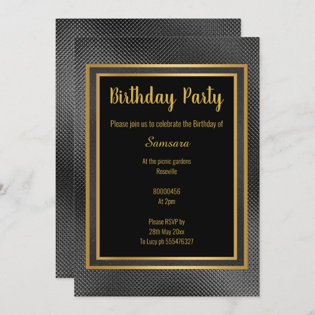 INVITACIÓN ELEGANTE CUMPLEAÑOS GRABADO EN RELIEVE DE NEGRO ME (Anverso / Reverso)