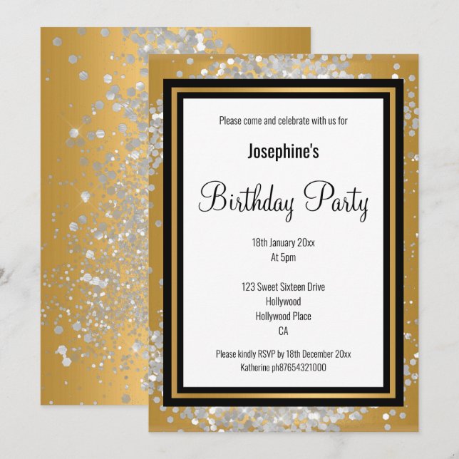 INVITACIÓN ELEGANTE CUMPLEAÑOS HOLOGRÁFICOS DE LA PLATA DE OR (Anverso / Reverso)