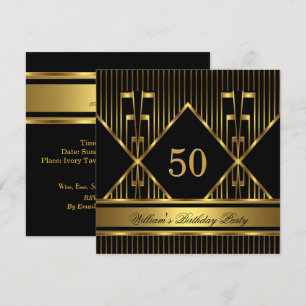Invitación Elegante Cumpleaños Hombre Negro Raya Dorada para 