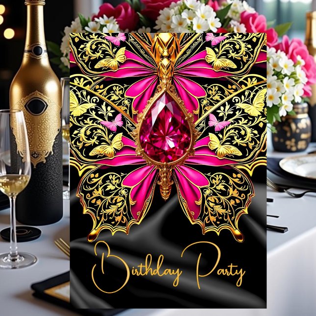 Invitación Elegante cumpleaños Hot Pink Black Gold Jewel (Subido por el creador)