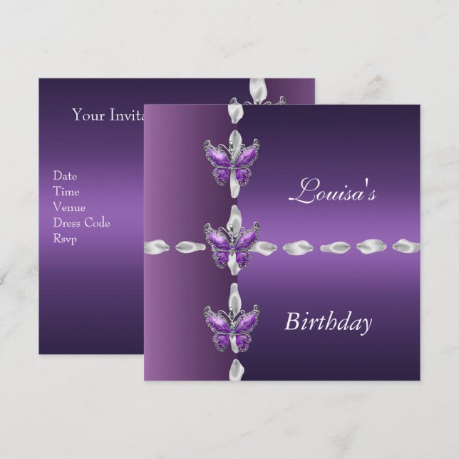 Invitación Elegante cumpleaños Invitar mariposa púrpura Lilac (Anverso / Reverso)