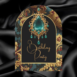 Invitación Elegante Cumpleaños Jade Rojo Dorado Joyas Fiesta