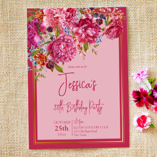 Invitación Elegante cumpleaños magenta burgundy peonies