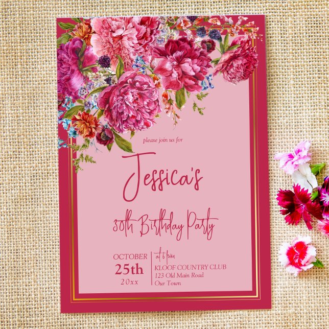 Invitación Elegante cumpleaños magenta burgundy peonies (Subido por el creador)