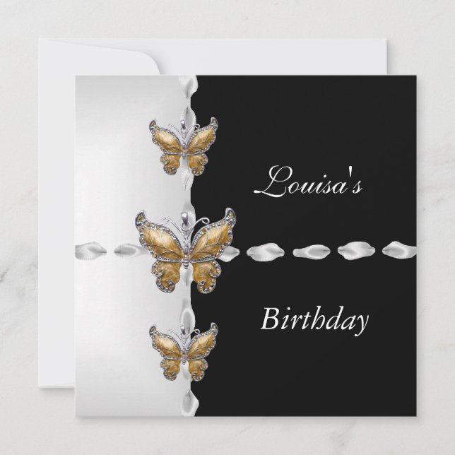 Invitación Elegante cumpleaños Mariposa de bronce de oro blan (Anverso)
