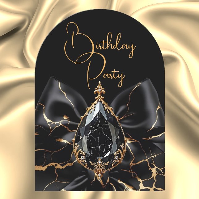 Invitación Elegante cumpleaños Mármol Negro Bow Jewel de oro (Subido por el creador)