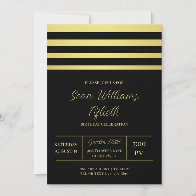Invitación Elegante cumpleaños Masculino de bandas de oro (Anverso)