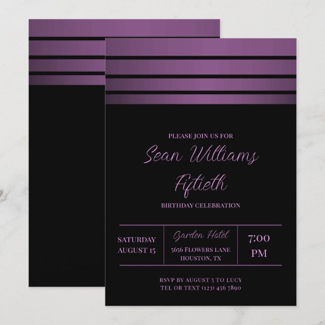 Invitación Elegante cumpleaños Masculino de franjas violetas (Anverso / Reverso)