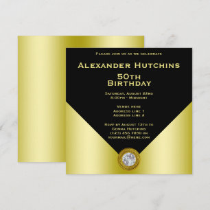 Invitación Elegante cumpleaños masculino negro y dorado