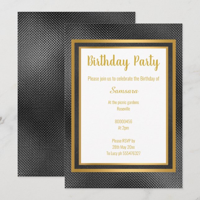 INVITACIÓN ELEGANTE CUMPLEAÑOS METÁLICO NEGRO Y ORO GRABADO E (Anverso / Reverso)