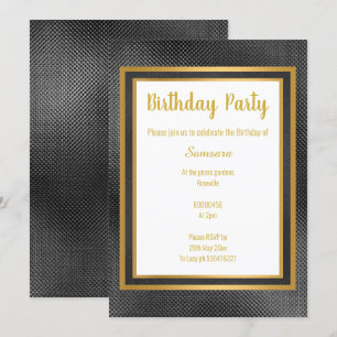 INVITACIÓN ELEGANTE CUMPLEAÑOS METÁLICO NEGRO Y ORO GRABADO E