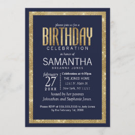 Invitación Elegante Cumpleaños Moderno Azul Marino Dorado con
