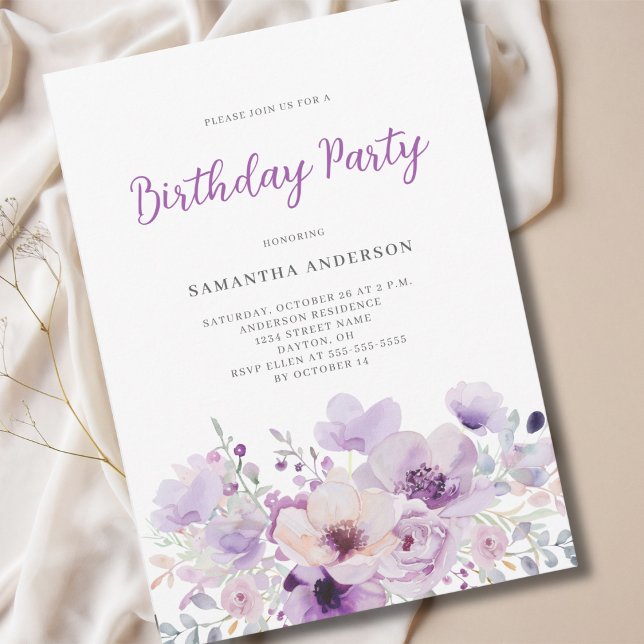 Invitación Elegante cumpleaños morado floral (Subido por el creador)