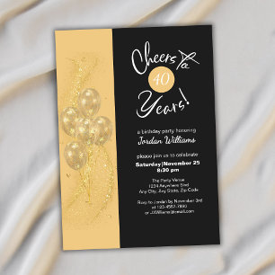 Invitación Elegante Cumpleaños Negro Brindis por 40 Años