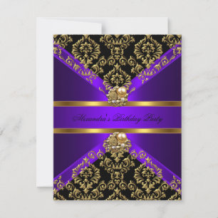 Invitación Elegante Cumpleaños Negro Dorado Púrpura Damasco