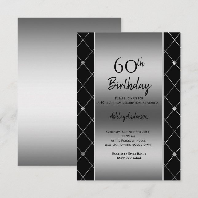 Invitación Elegante cumpleaños negro y plateado (Anverso / Reverso)