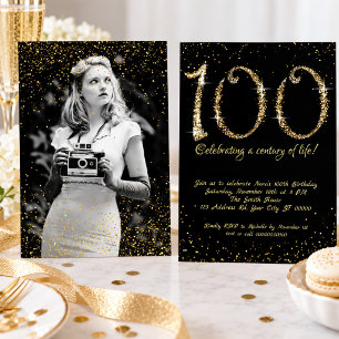 Invitación Elegante cumpleaños número 100 con brillo negro y