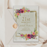 Invitación Elegante cumpleaños número 21 de las mujeres con f<br><div class="desc">Elegante color de agua morado,  rojo y amarillo,  floral y dorado marco de la invitación a la fiesta de 21 años de las mujeres. El texto es completamente personalizable,  por lo que esta tarjeta se puede cambiar por cualquier edad.</div>