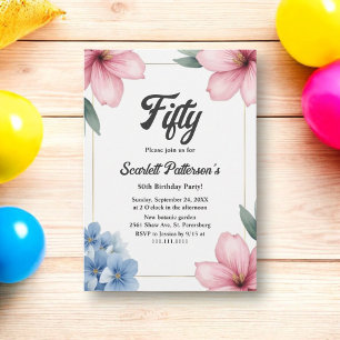 Invitación Elegante Cumpleaños Número 50 de Verano Floral Acu