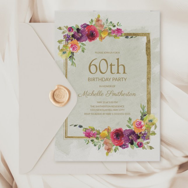 Invitación Elegante cumpleaños número 60 de las mujeres con f (Elegant purple and pink vintage flowers 60th birthday party invitation
)