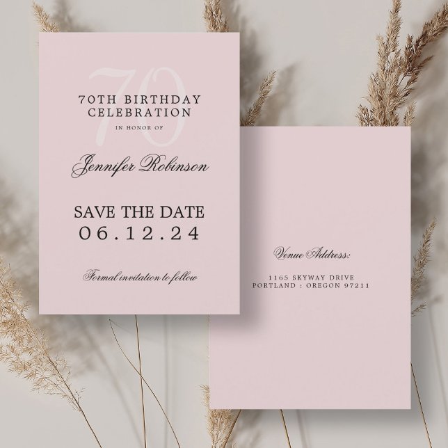 Invitación Elegante cumpleaños número 70, salve la fecha rosa (Elegant 70th Birthday Save the Date Blush Pink Invitation)