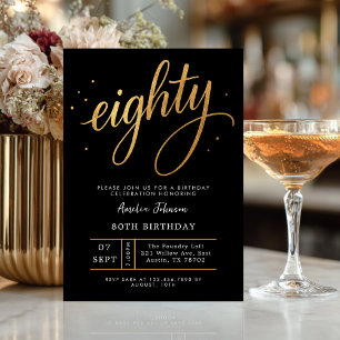 Invitación Elegante Cumpleaños Ochenta 80 en Letra Negra y Do