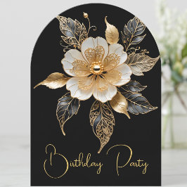 Invitación Elegante cumpleaños oro negro flor blanca