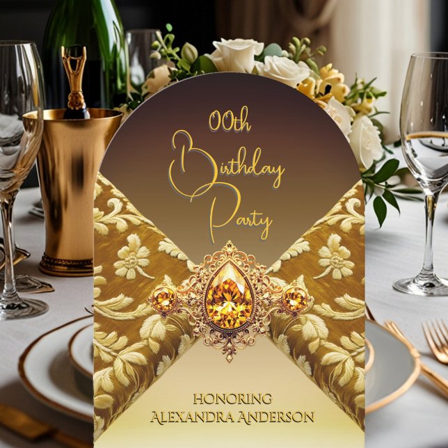 Invitación Elegante cumpleaños oscuro beige de oro tela de jo (Subido por el creador)