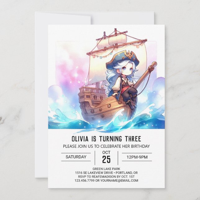 Invitación Elegante cumpleaños pirata de ensueño (Anverso)